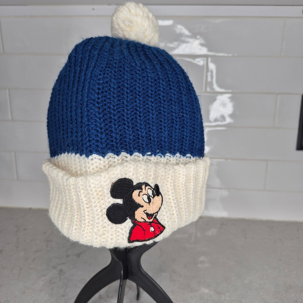 Vintage Walt Disney Productions Mickey Mouse Pom Pom Beanie Blue White